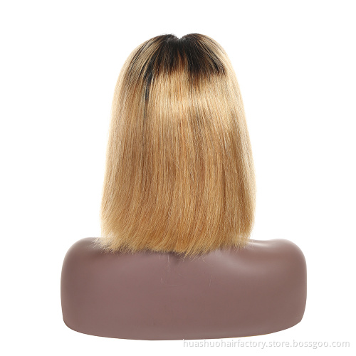 Huashuo Highest Discounts T1B 27 Ombre Color Natural Wavy Brazilian Virgin Human Hair Thick Short Bob Lace Front Wig